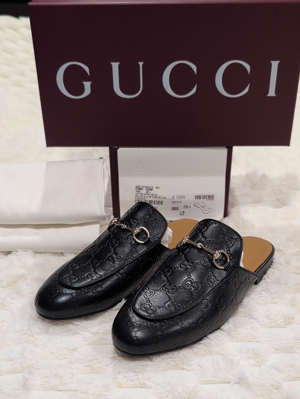 NIB Gucci Princetown GG Mules in Embossed Leather 38.5